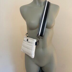 Think Rolyn White Patent Downtown Crossbody Bag with black/grey accents